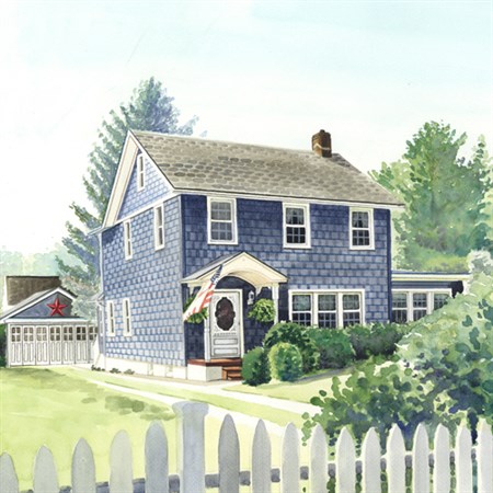 Hand Painted Watercolor of A Blue House with Neat Landscape and An American Flag - myDaVinci